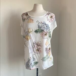 TED BAKER Floral Print Tee Womens Sz 12 White Cap Sleeve Coquette